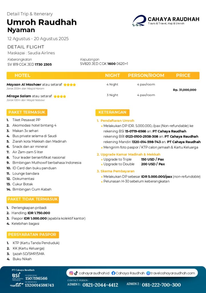 Itinerary Umroh 12 Agustus 2025 | Cahaya Raudhah | Travel Umroh | Travel Haji