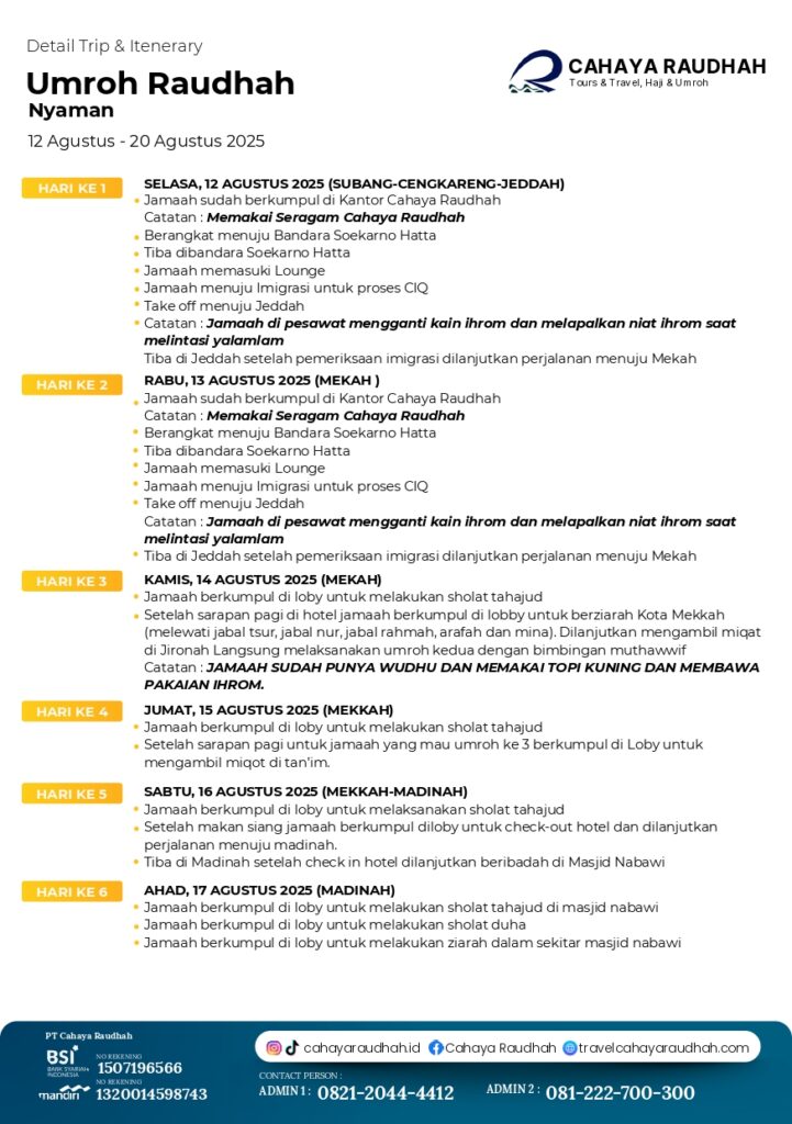 Itinerary Umroh 12 Agustus 2025 | Cahaya Raudhah | Travel Umroh | Travel Haji