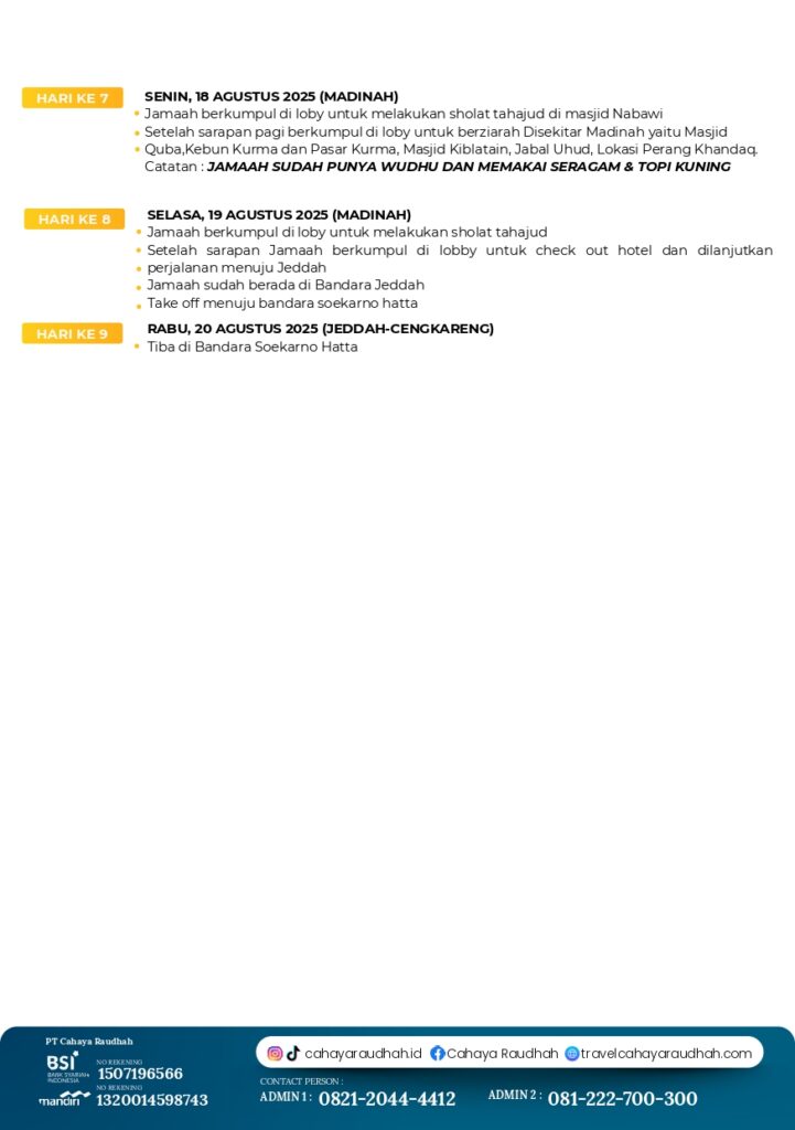 Itinerary Umroh 12 Agustus 2025 | Cahaya Raudhah | Travel Umroh | Travel Haji