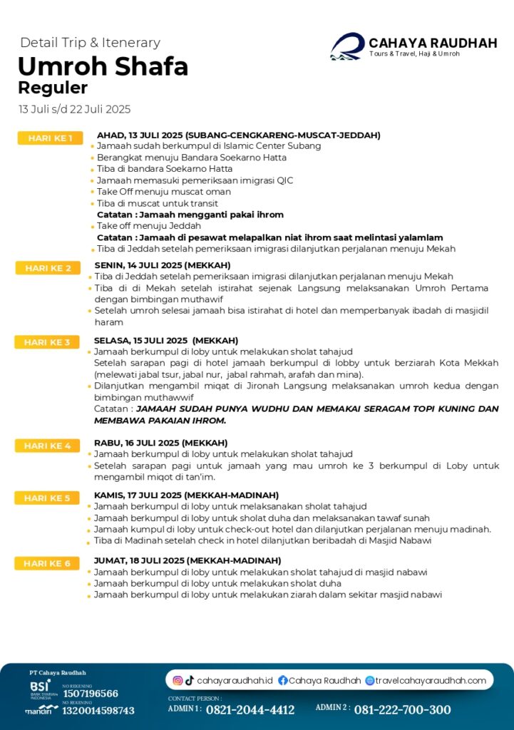 Itinerary Umroh Shafa 13 Juli 2025 | Cahaya Raudhah | Travel Umroh