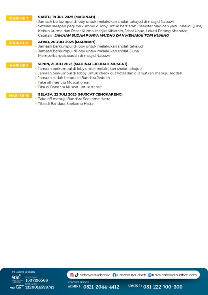 Itinerary Umroh Shafa 13 Juli 2025 | Cahaya Raudhah | Travel Umroh