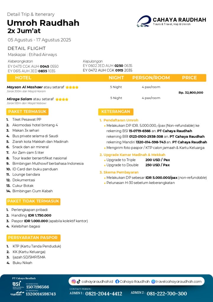 Itinerary Paket Umroh 5 Agustus | Cahaya Raudhah