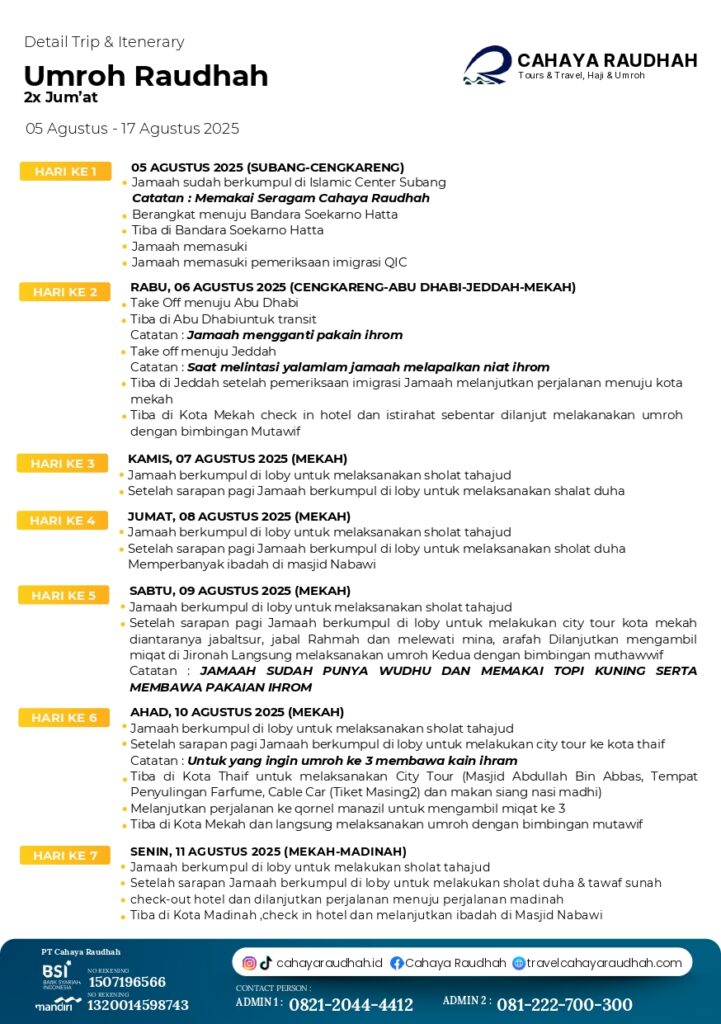 Itinerary Paket Umroh 5 Agustus | Cahaya Raudhah