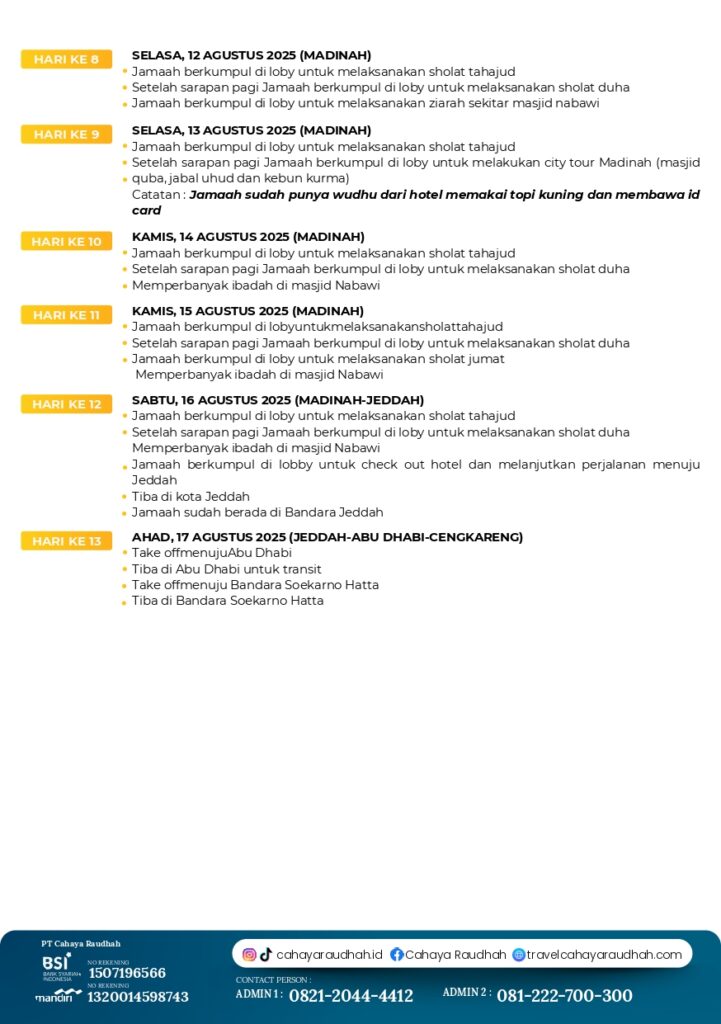 Itinerary Paket Umroh 5 Agustus | Cahaya Raudhah