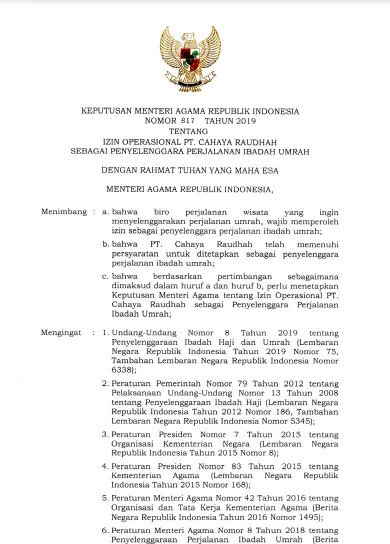 SK PPIU Izin Travel Umroh Cahaya Raudhah